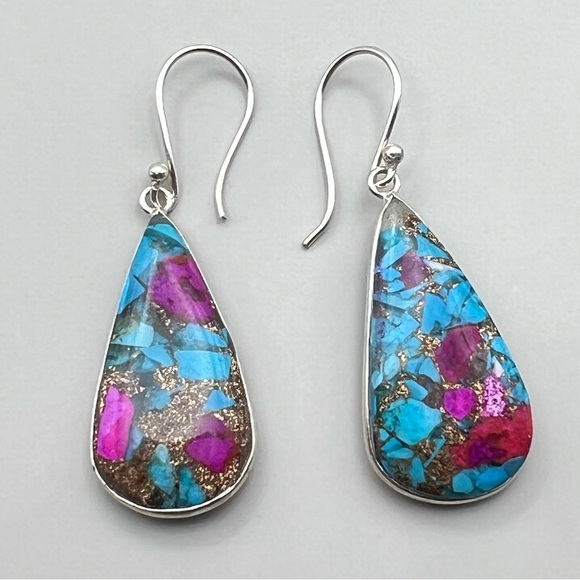 New Sim Blue Turquoise and Fuchsia Spiny Oyster Acrylic Silver Overlay Earrings - Picture 5 of 7